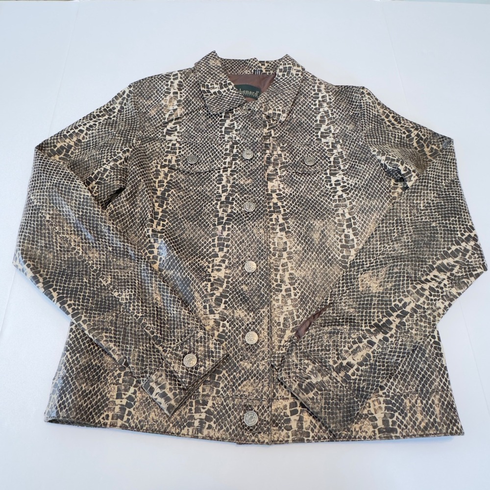 Harve Benard Womens Snakeskin Print Leather Trucker Jacket gray tan Small AS IS‎